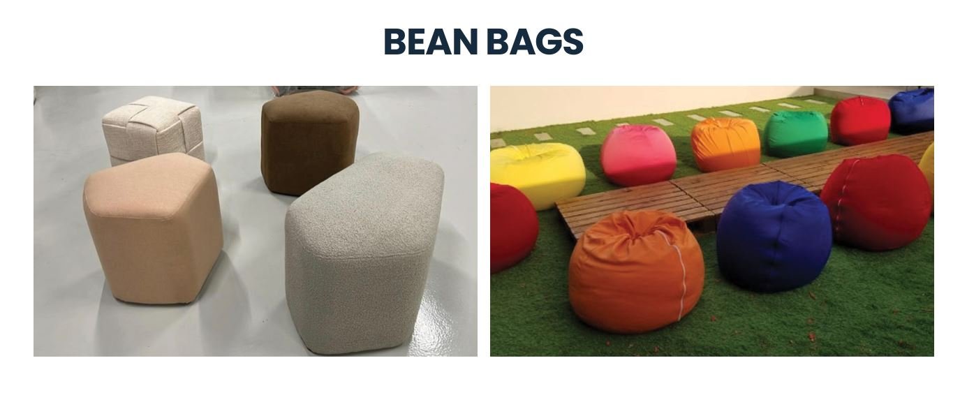 Green outdoor bean bag on terrace with mountain landscape creating relaxed outdoor seating solution