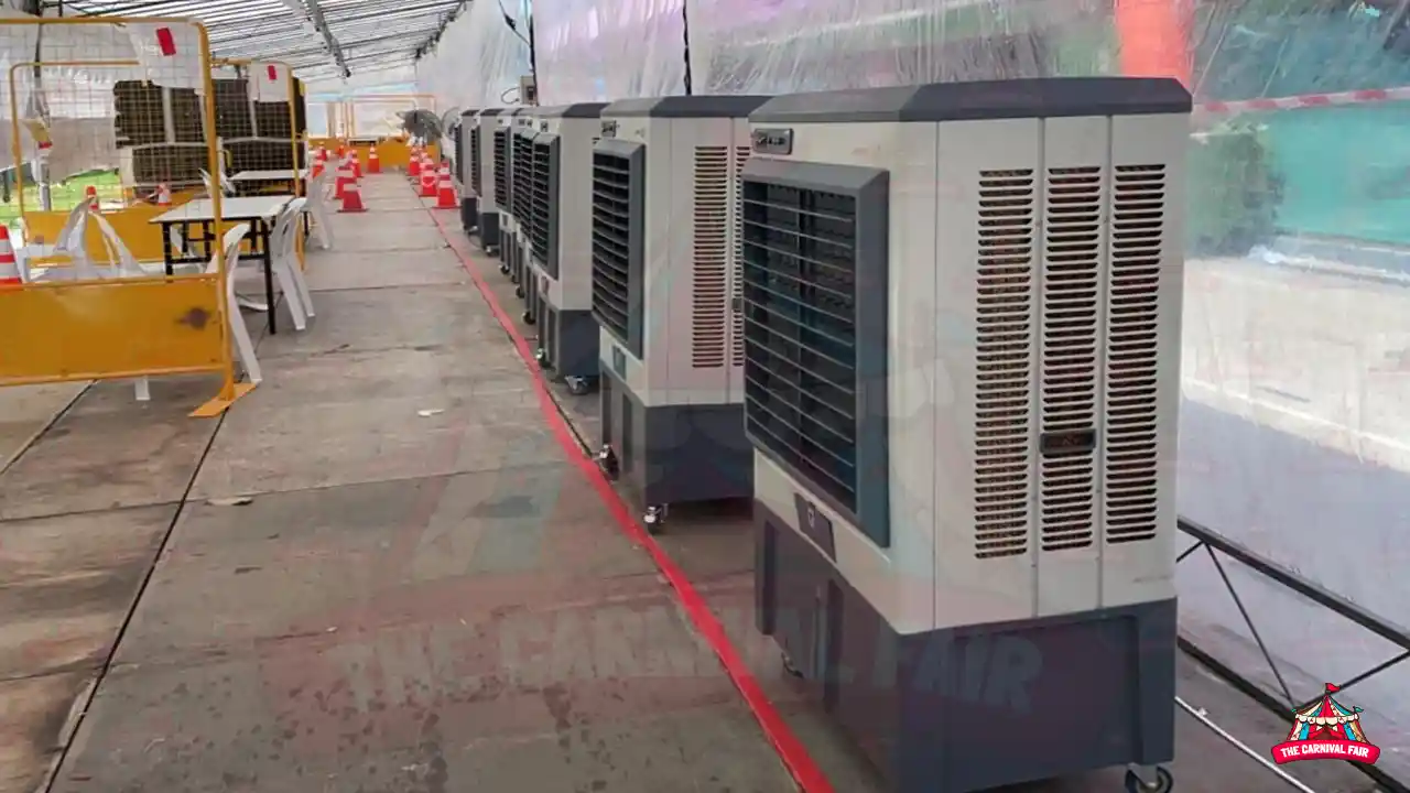 Professional floor-standing air cooler unit in neutral tone