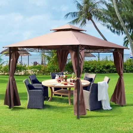 Premium white event canopy with professional dining setup and wooden furniture