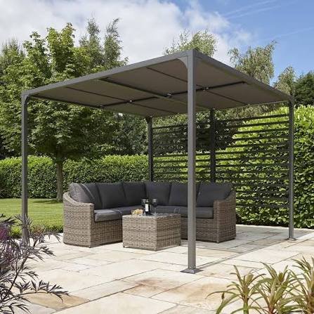 Modern brown frame canopy with wicker furniture and comfortable seating arrangement