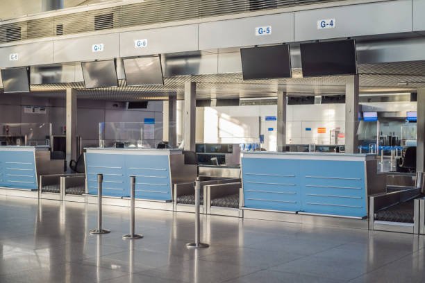 Elevated staffed check-in counters with queue barrier lanes rental Riyadh