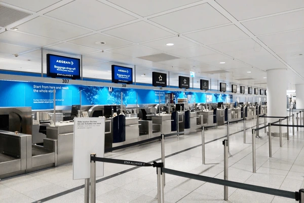 Airport style check-in counters with conveyor belt processing station rental KSA