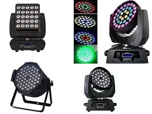 Complete event lighting equipment including moving heads, lasers, and professional fixtures