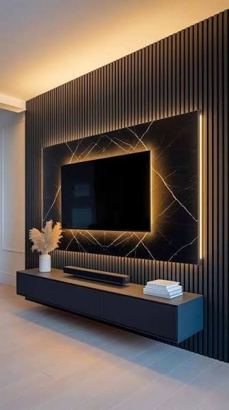 Three luxury media wall designs with wood slat panels marble backdrop and fireplace integrated TV feature wall Saudi Arabia