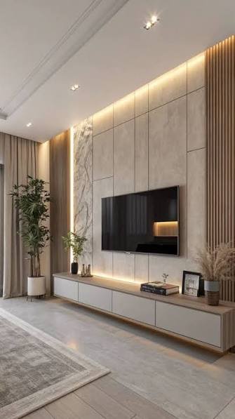 Elegant media wall combining grey marble slab dark wood slats and illuminated display shelving Saudi Arabia