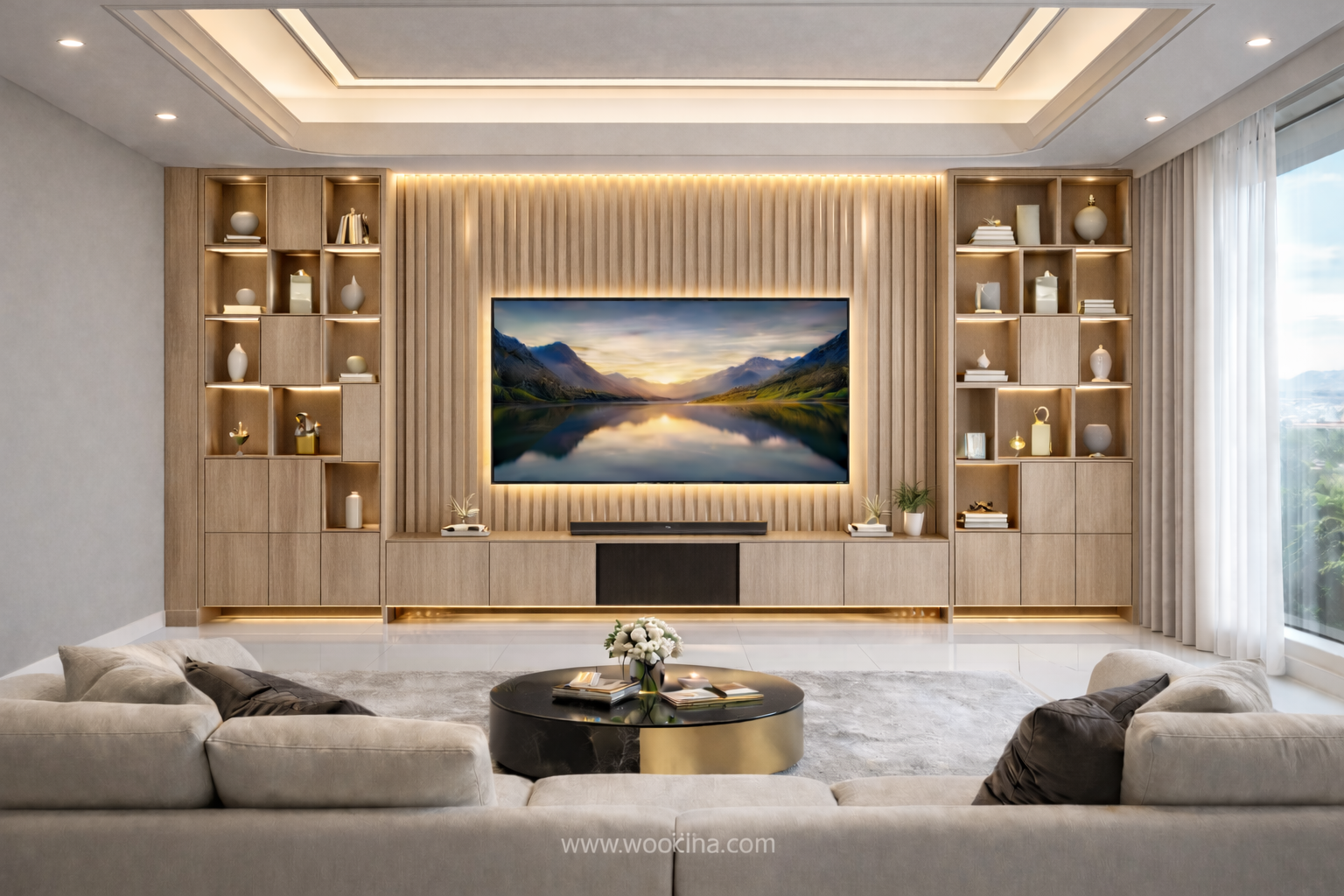 Wood slat acoustic panel media wall with wall mounted TV and floating grey cabinet installation