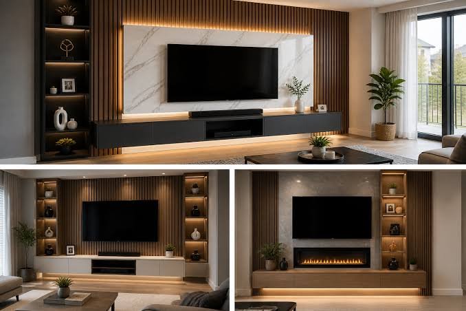 Dramatic black media wall with backlit marble panel vertical slats and floating unit luxury TV wall Saudi Arabia