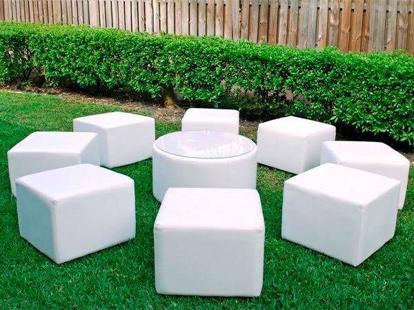Blue button tufted velvet cube ottoman rental Saudi Arabia