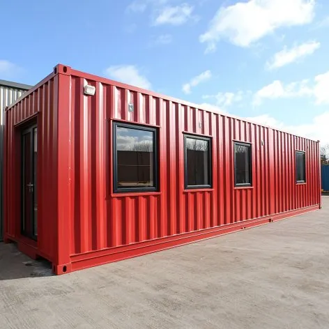 Bright red portable container with multiple windows and professional commercial design configuration