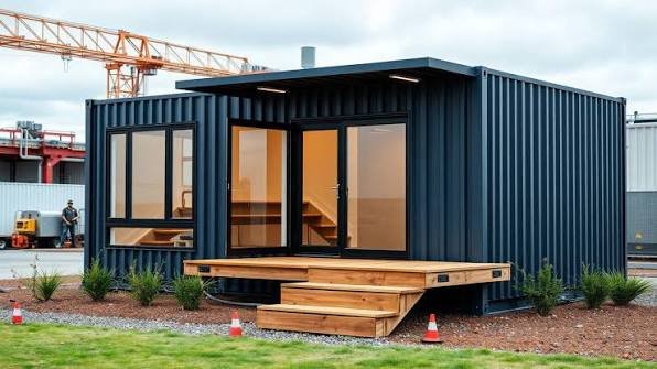 Two-story yellow and gray stacked portable containers with modern architecture and glass exterior