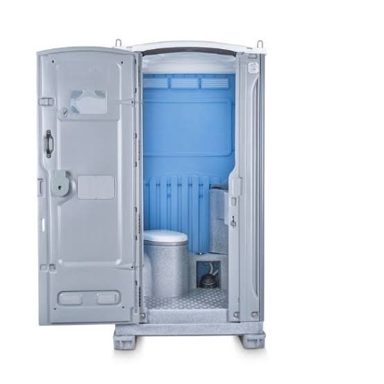 Professional dual-toilet portable restroom unit with gray exterior and doors open showing interior