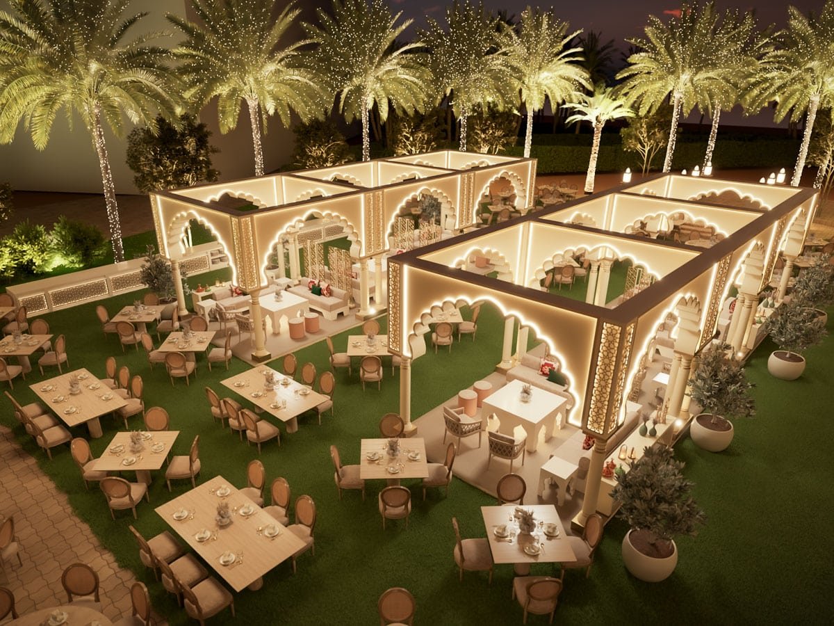 Hotel ballroom iftar buffet trail with branded LED backdrop Ramadan event rental Riyadh