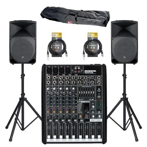 PA speaker pair with mixer cables and stands rental package Saudi Arabia