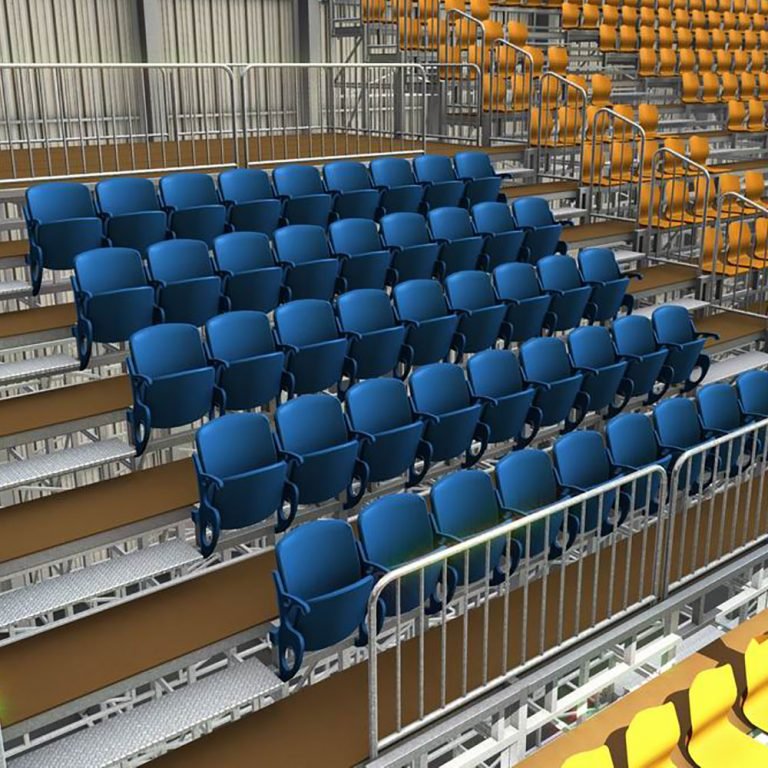 Blue molded bucket seat stadium tiers rental KSA