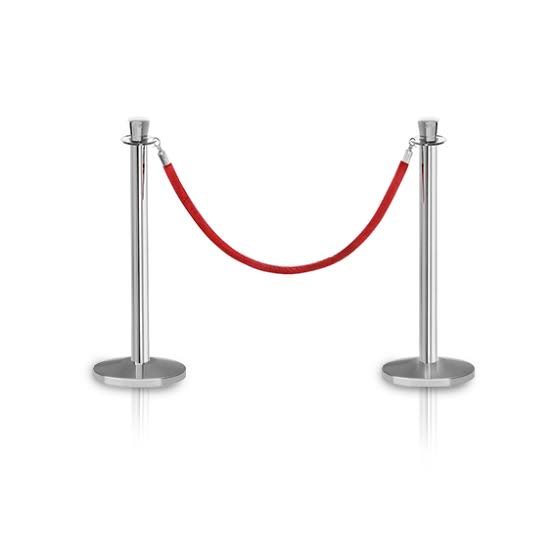 Polished silver stanchion pair with red velvet rope for red carpet entrance rental