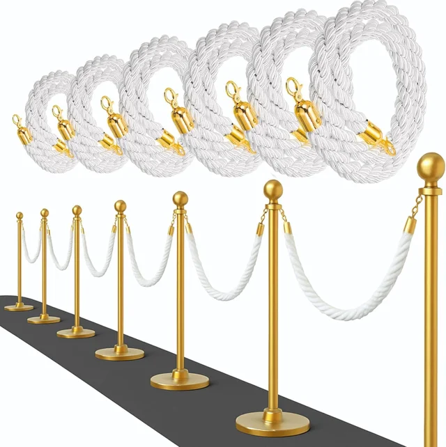 Gold stanchion posts with blue twisted rope barriers for event queue management rental Saudi Arabia