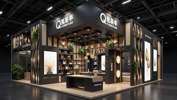 Modern exhibition booth with pink branding, curved walls and integrated display area